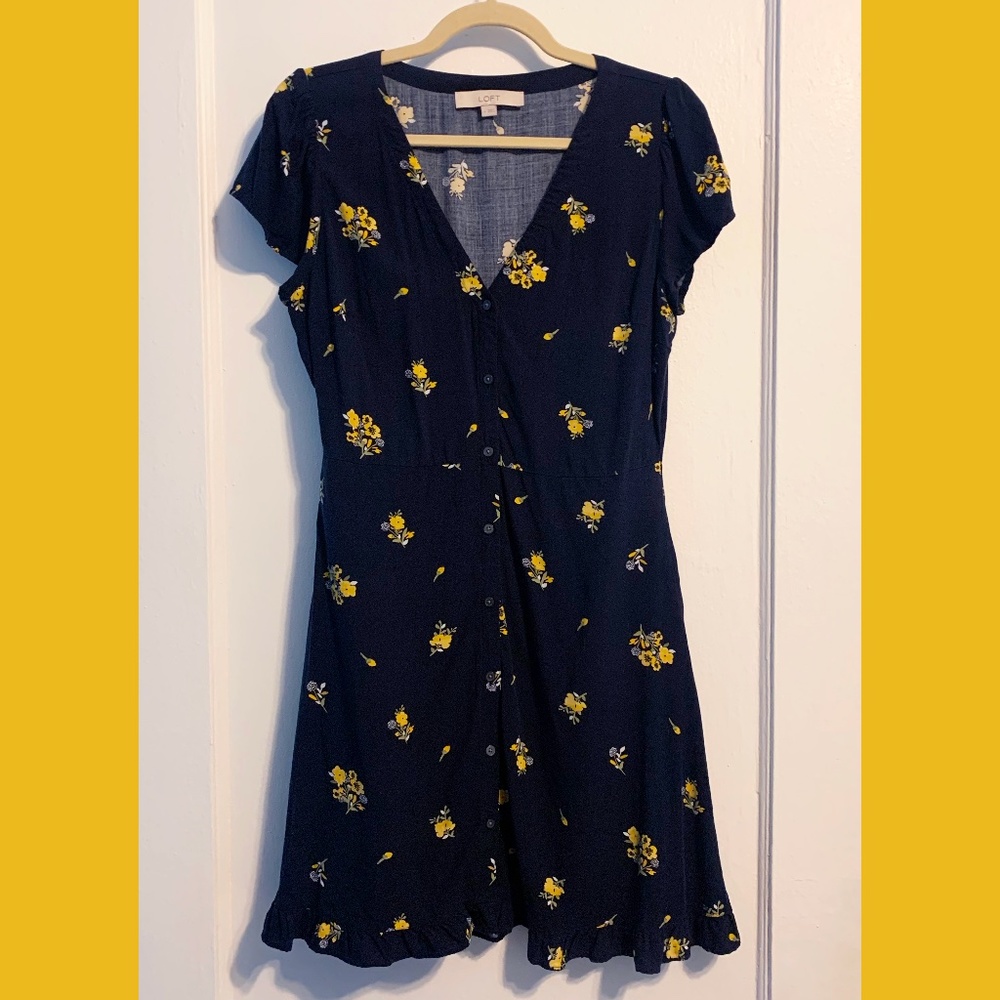 Navy Summer Dress with Yellow Flowers | Size 4